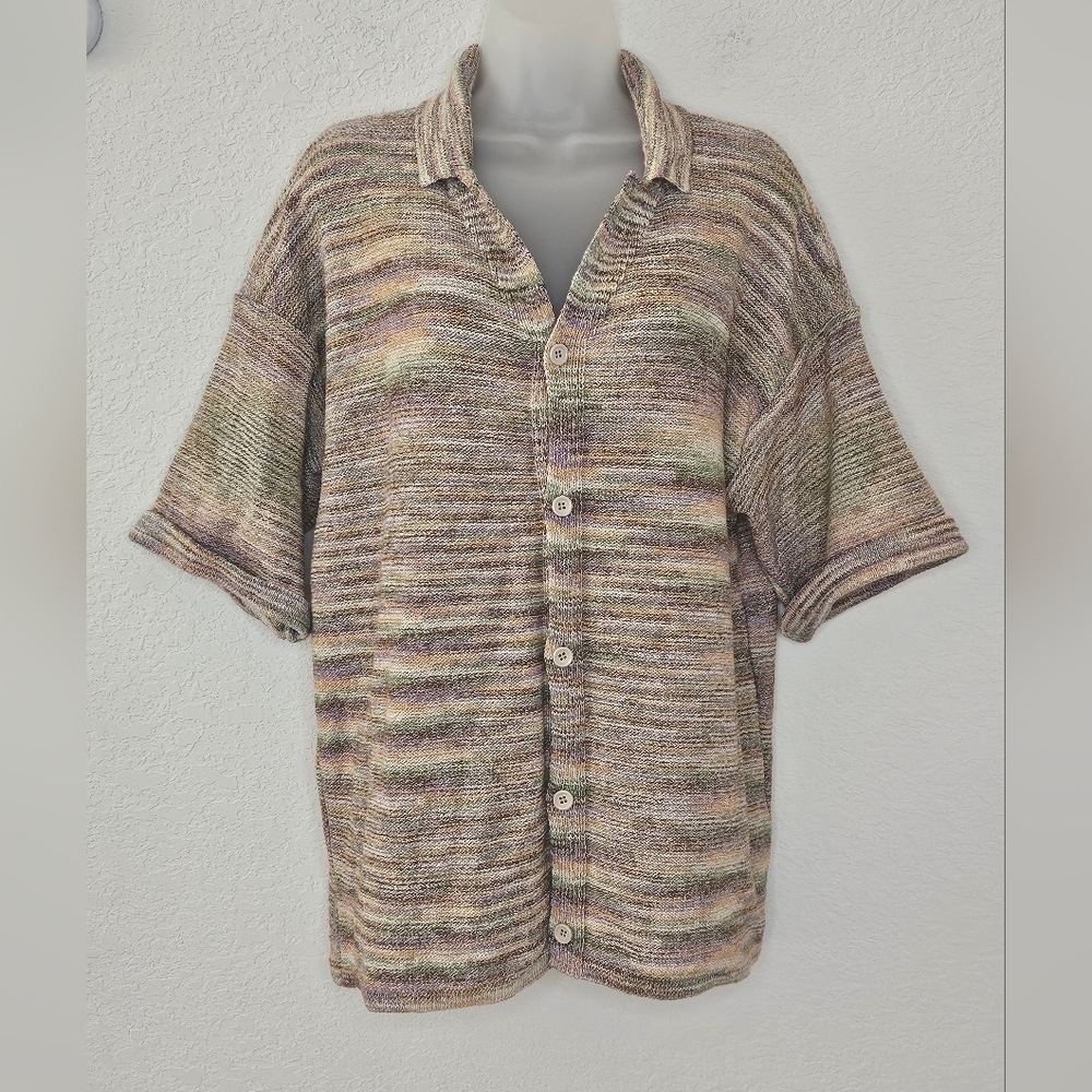 Zara Boho Rainbow Multi Striped Short Sleeve Thick Knit Button Front Sweater Top